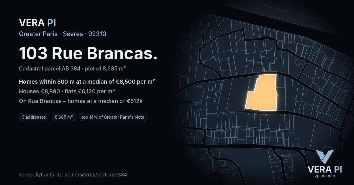 103 Rue Brancas, Sèvres at night – the plot lit, the parcels around coloured by the prices near them