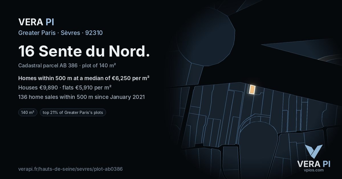 16 Sente du Nord, Sèvres at night – the plot lit, the parcels around coloured by the prices near them