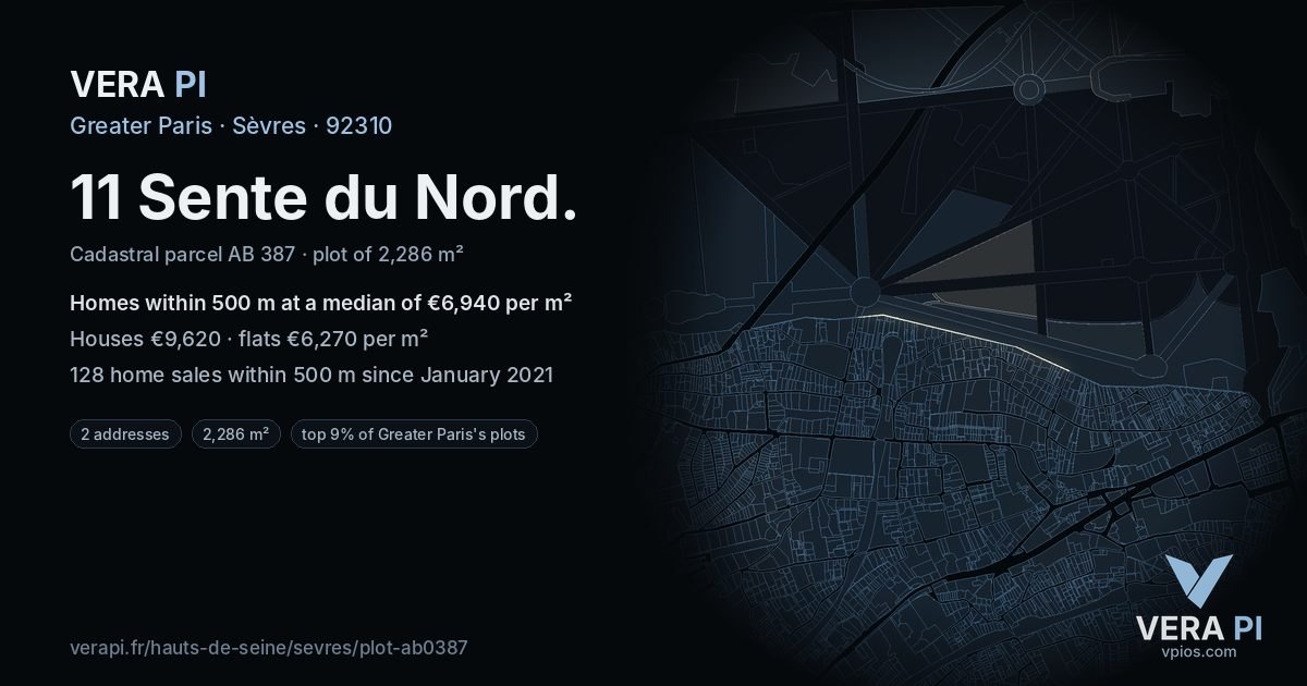 11 Sente du Nord, Sèvres at night – the plot lit, the parcels around coloured by the prices near them