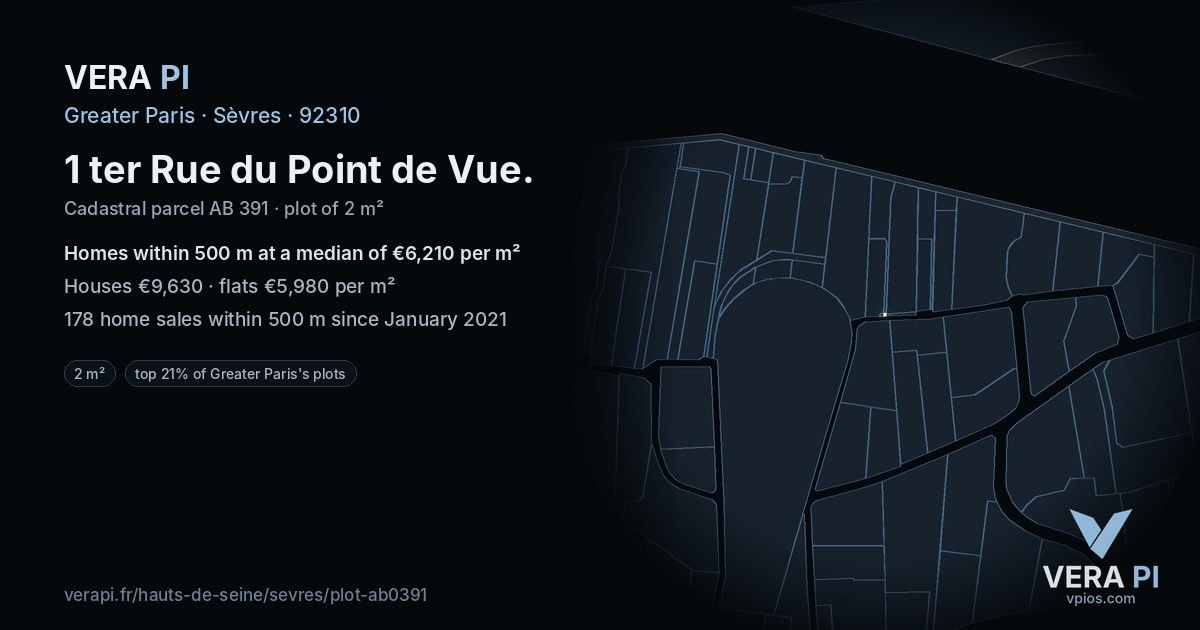 1 ter Rue du Point de Vue, Sèvres at night – the plot lit, the parcels around coloured by the prices near them