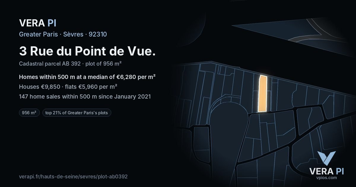 3 Rue du Point de Vue, Sèvres at night – the plot lit, the parcels around coloured by the prices near them