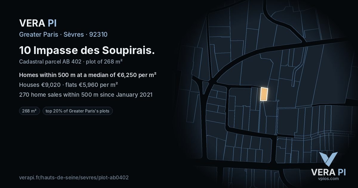 10 Impasse des Soupirais, Sèvres at night – the plot lit, the parcels around coloured by the prices near them
