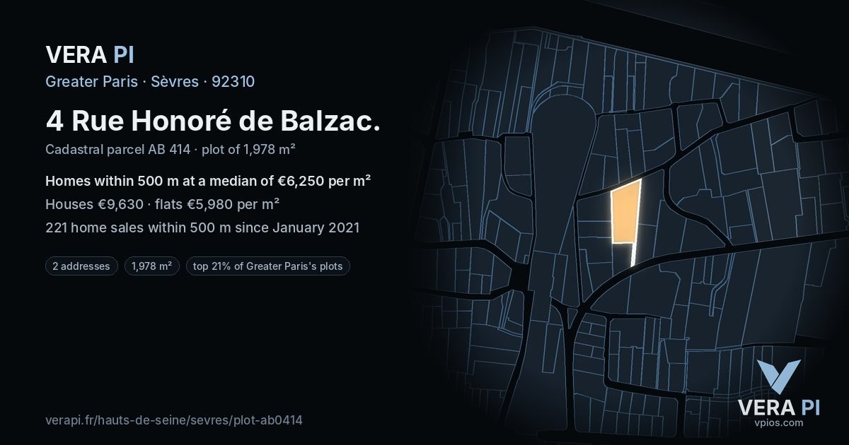 4 Rue Honoré de Balzac, Sèvres at night – the plot lit, the parcels around coloured by the prices near them