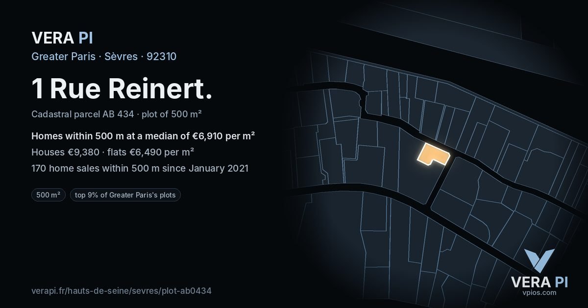 1 Rue Reinert, Sèvres at night – the plot lit, the parcels around coloured by the prices near them