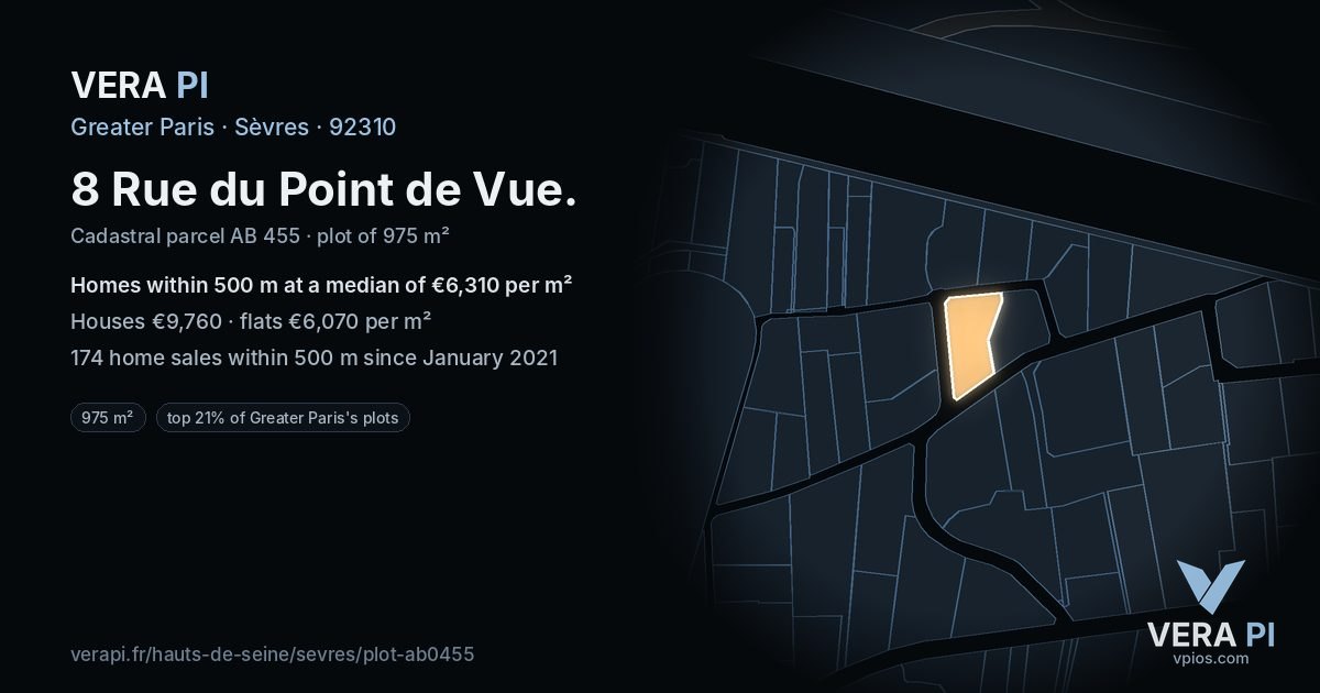 8 Rue du Point de Vue, Sèvres at night – the plot lit, the parcels around coloured by the prices near them