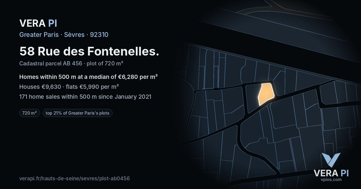 58 Rue des Fontenelles, Sèvres at night – the plot lit, the parcels around coloured by the prices near them