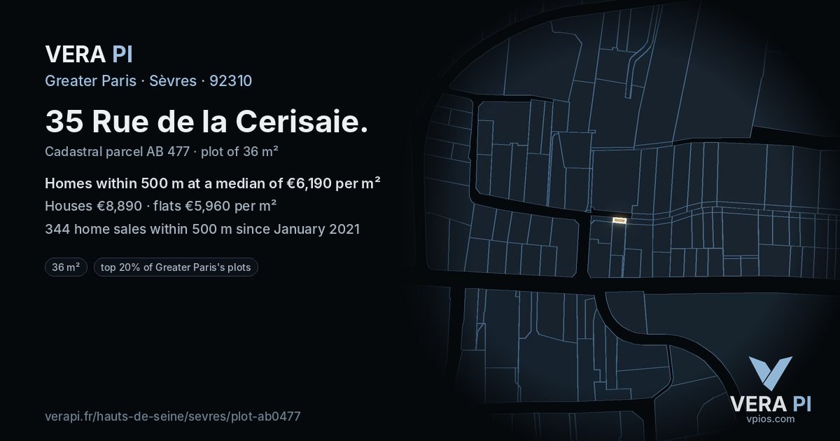 35 Rue de la Cerisaie, Sèvres at night – the plot lit, the parcels around coloured by the prices near them