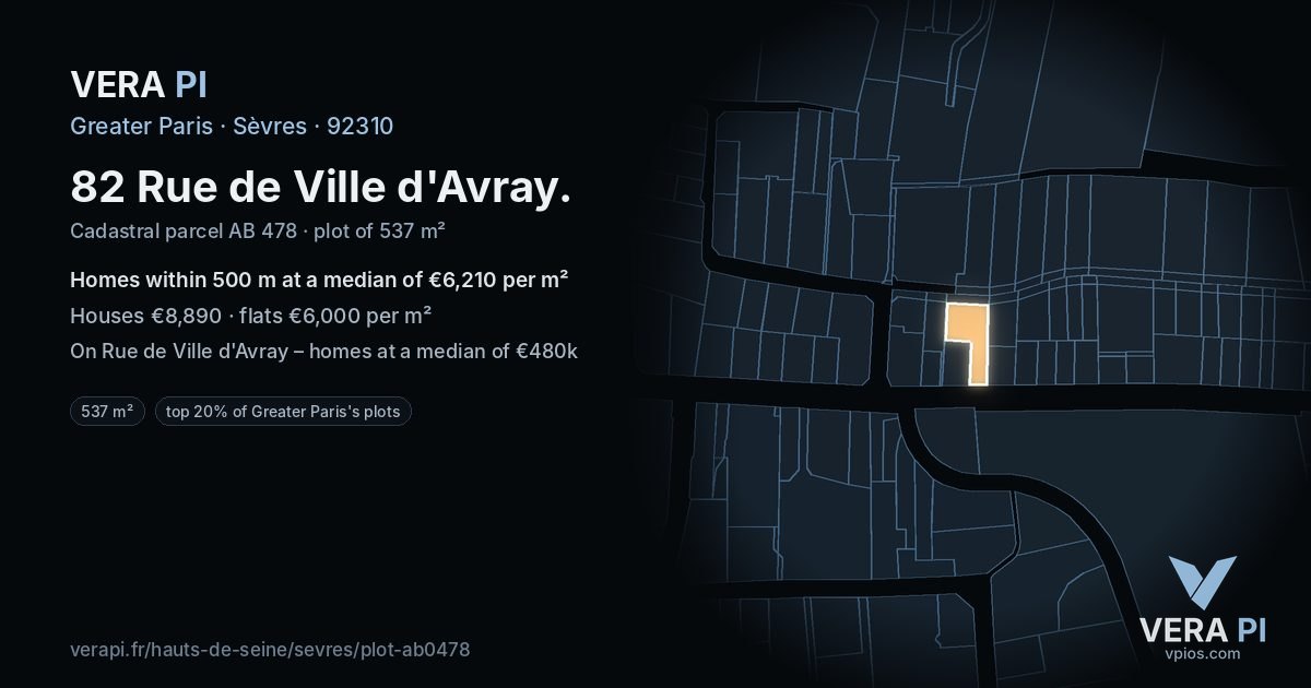 82 Rue de Ville d'Avray, Sèvres at night – the plot lit, the parcels around coloured by the prices near them