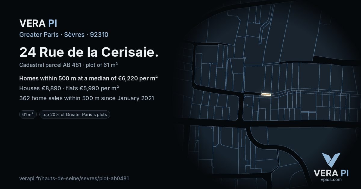 24 Rue de la Cerisaie, Sèvres at night – the plot lit, the parcels around coloured by the prices near them