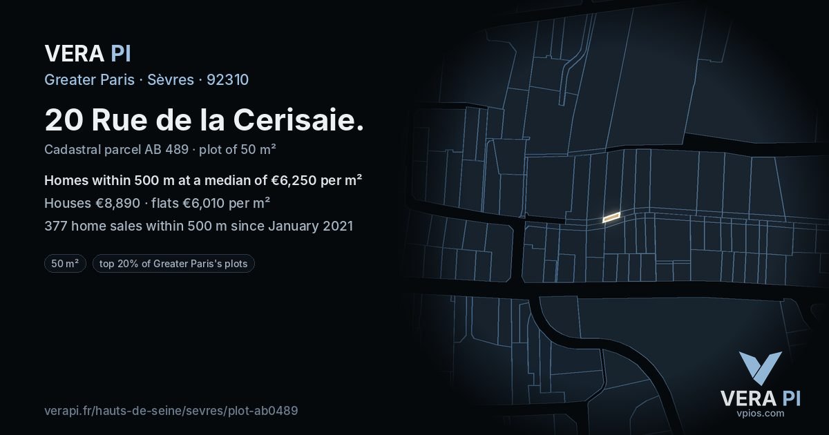 20 Rue de la Cerisaie, Sèvres at night – the plot lit, the parcels around coloured by the prices near them
