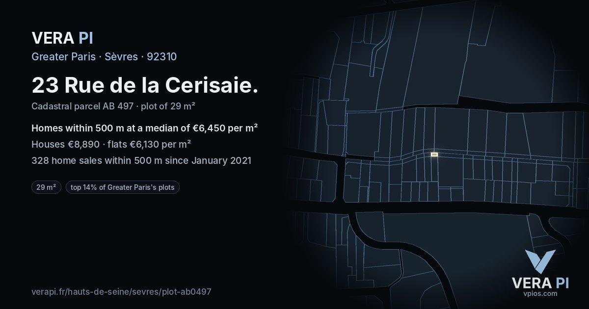 23 Rue de la Cerisaie, Sèvres at night – the plot lit, the parcels around coloured by the prices near them