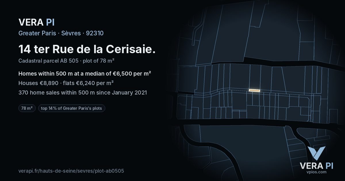 14 ter Rue de la Cerisaie, Sèvres at night – the plot lit, the parcels around coloured by the prices near them