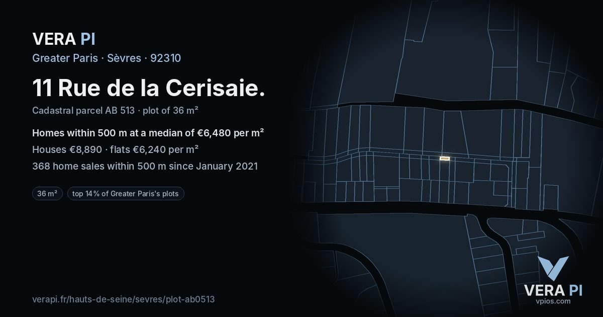 11 Rue de la Cerisaie, Sèvres at night – the plot lit, the parcels around coloured by the prices near them