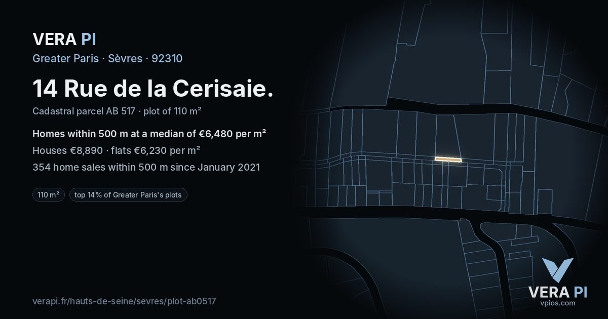 14 Rue de la Cerisaie, Sèvres at night – the plot lit, the parcels around coloured by the prices near them