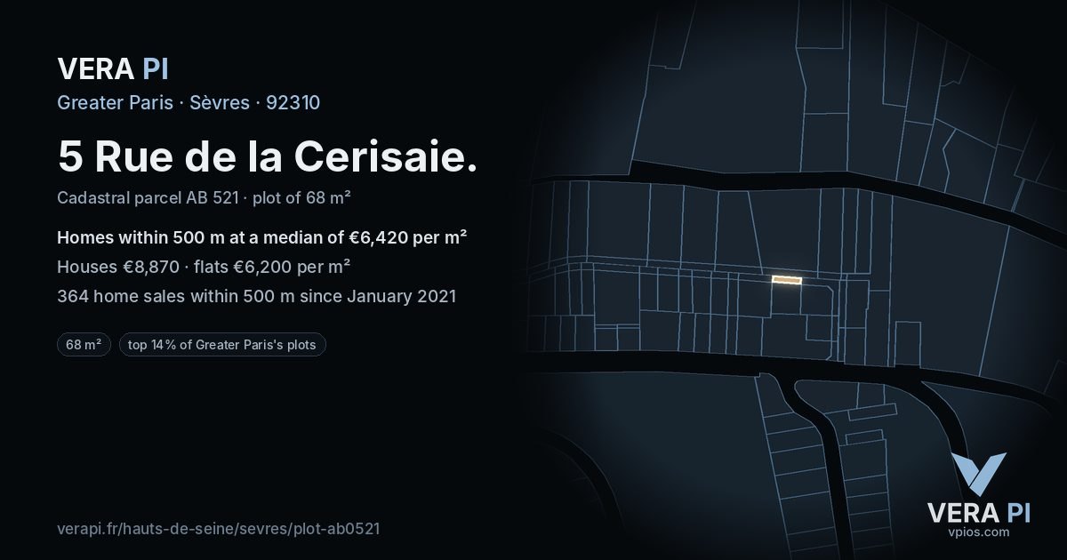 5 Rue de la Cerisaie, Sèvres at night – the plot lit, the parcels around coloured by the prices near them