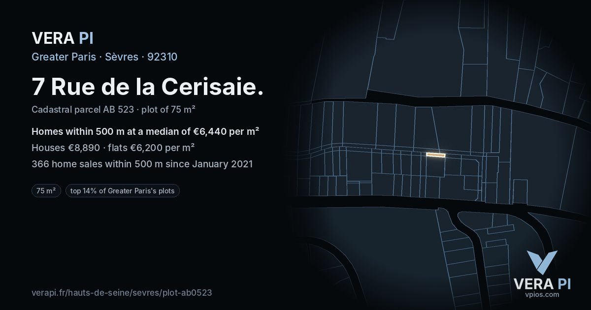 7 Rue de la Cerisaie, Sèvres at night – the plot lit, the parcels around coloured by the prices near them