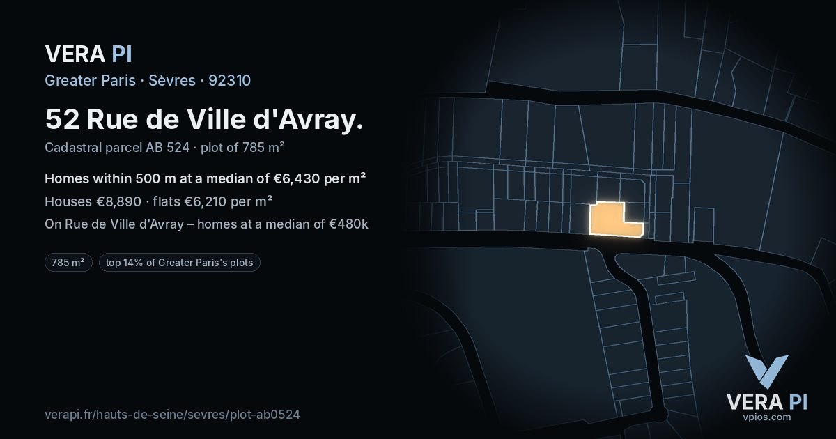 52 Rue de Ville d'Avray, Sèvres at night – the plot lit, the parcels around coloured by the prices near them