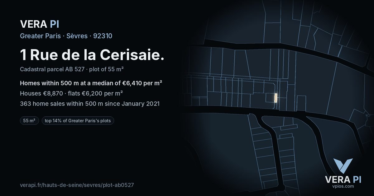 1 Rue de la Cerisaie, Sèvres at night – the plot lit, the parcels around coloured by the prices near them