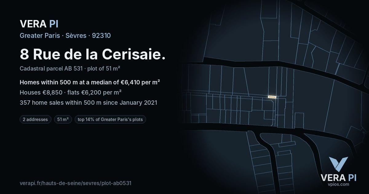 8 Rue de la Cerisaie, Sèvres at night – the plot lit, the parcels around coloured by the prices near them