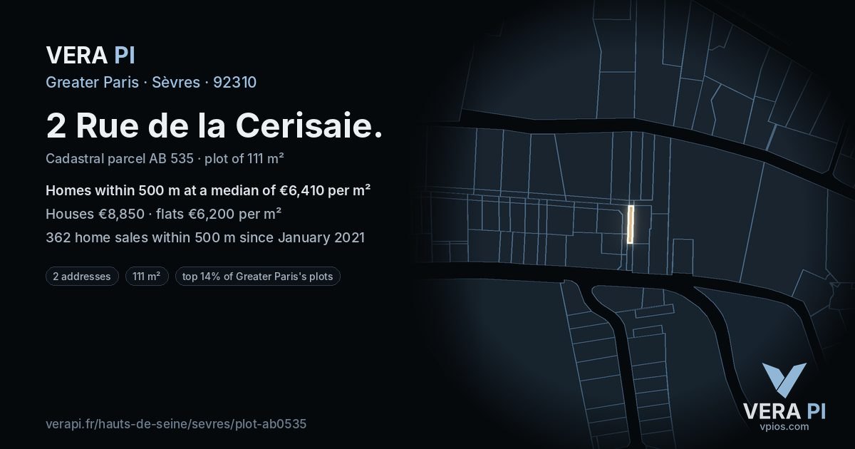 2 Rue de la Cerisaie, Sèvres at night – the plot lit, the parcels around coloured by the prices near them