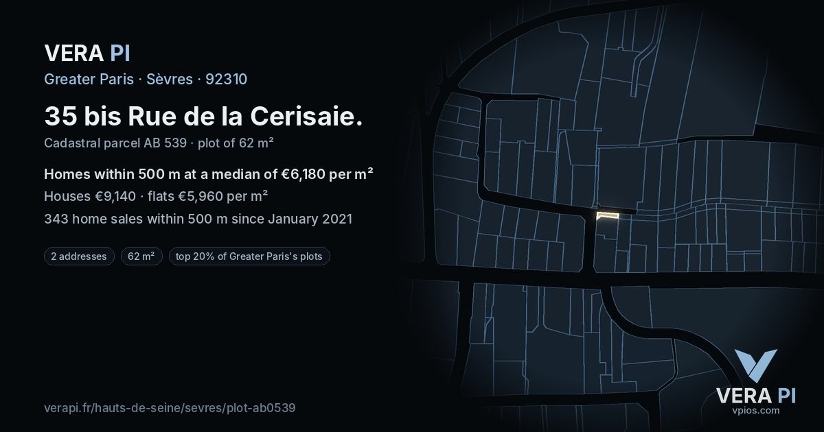 35 bis Rue de la Cerisaie, Sèvres at night – the plot lit, the parcels around coloured by the prices near them