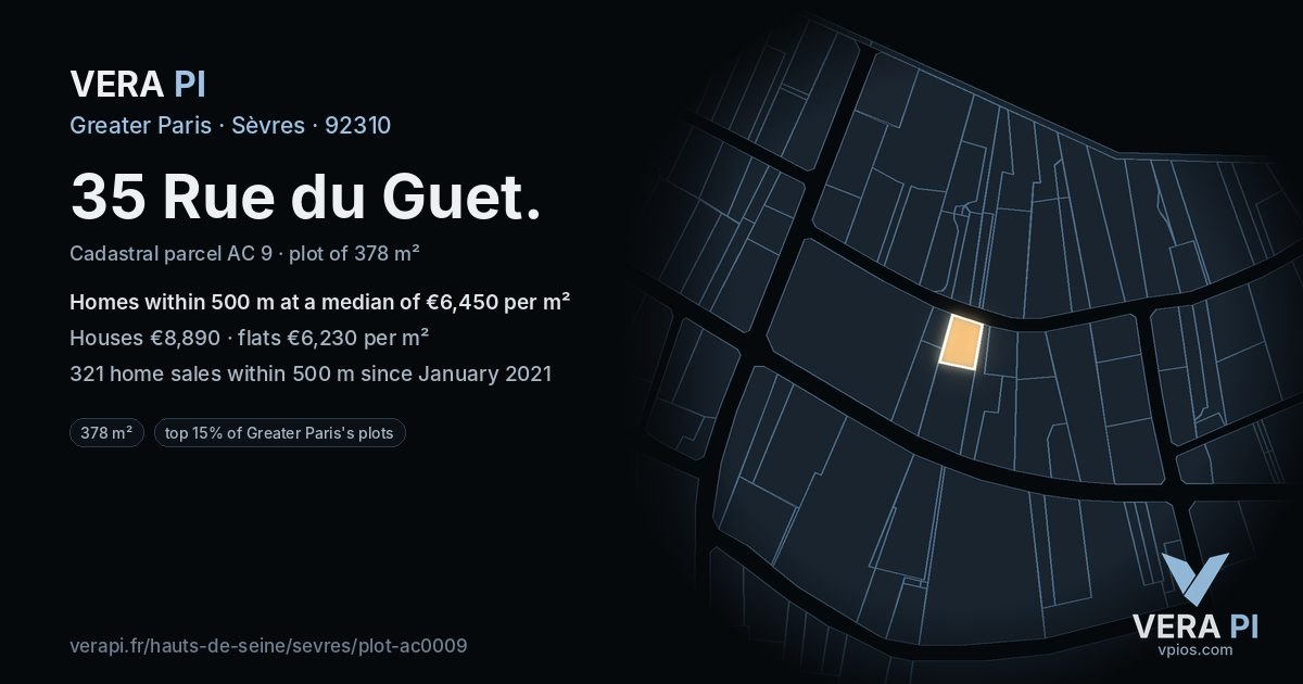 35 Rue du Guet, Sèvres at night – the plot lit, the parcels around coloured by the prices near them