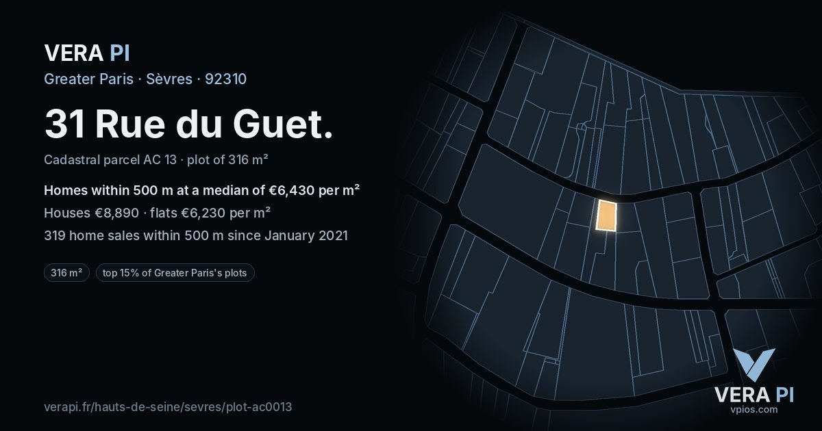 31 Rue du Guet, Sèvres at night – the plot lit, the parcels around coloured by the prices near them