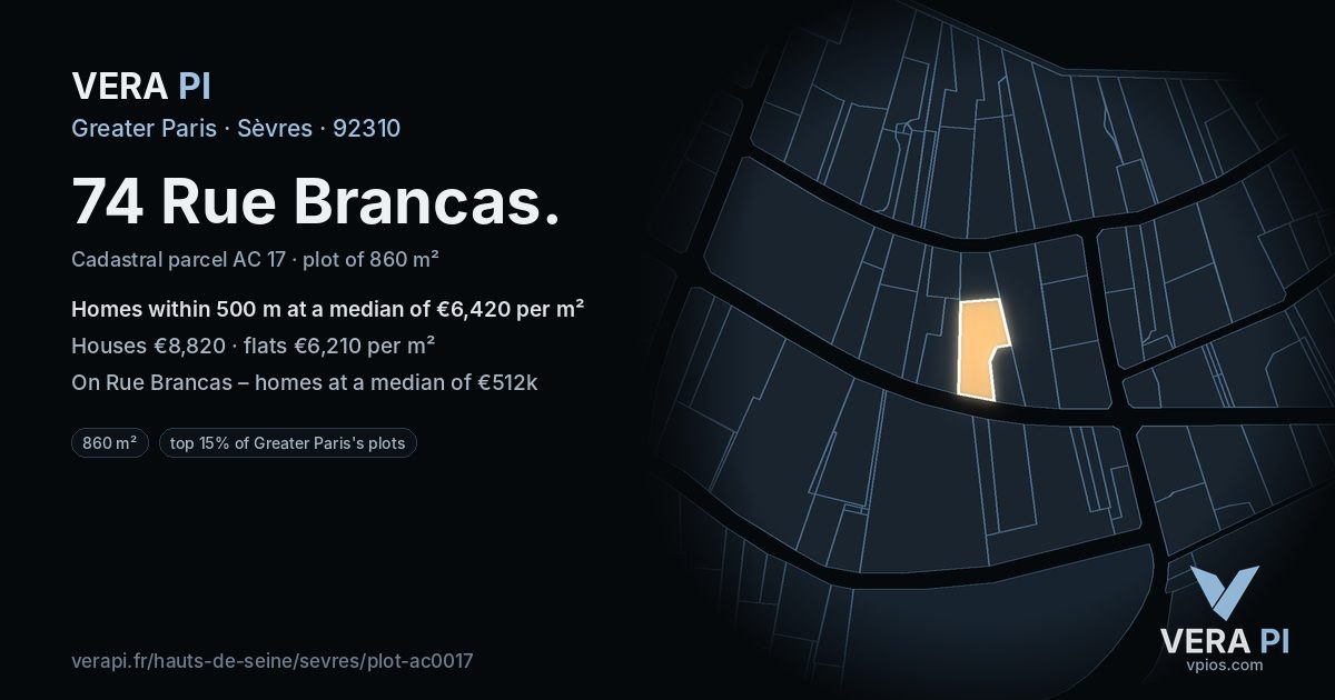 74 Rue Brancas, Sèvres at night – the plot lit, the parcels around coloured by the prices near them