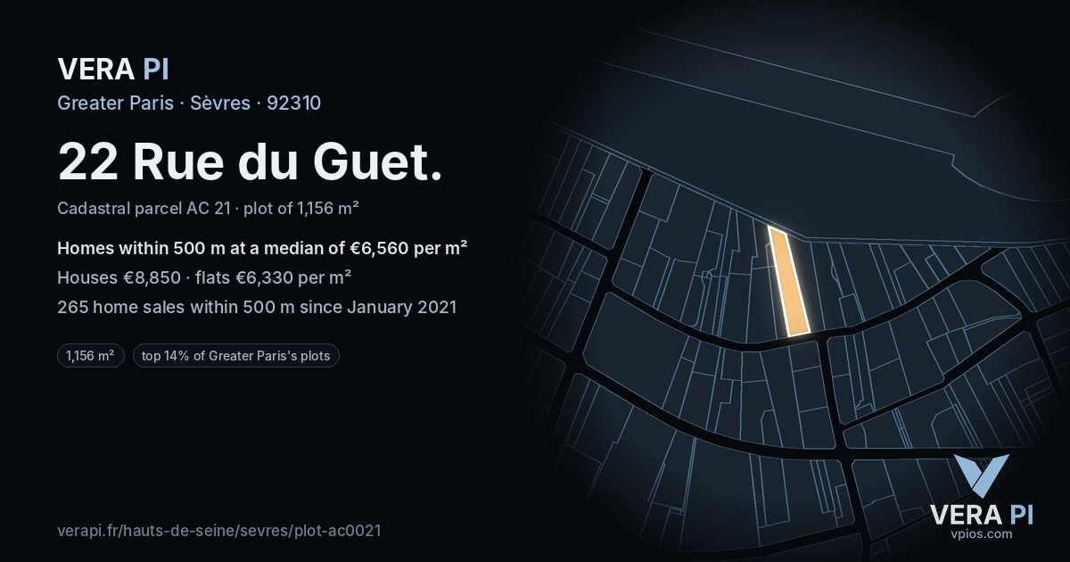 22 Rue du Guet, Sèvres at night – the plot lit, the parcels around coloured by the prices near them