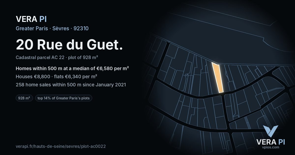 20 Rue du Guet, Sèvres at night – the plot lit, the parcels around coloured by the prices near them