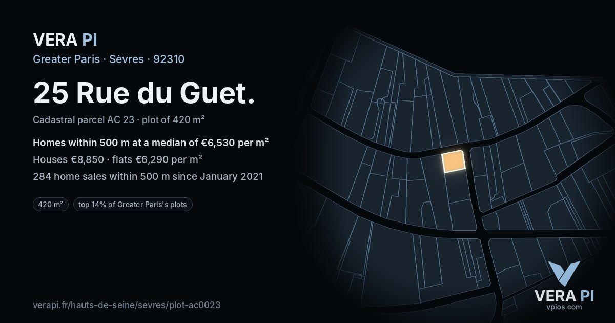 25 Rue du Guet, Sèvres at night – the plot lit, the parcels around coloured by the prices near them