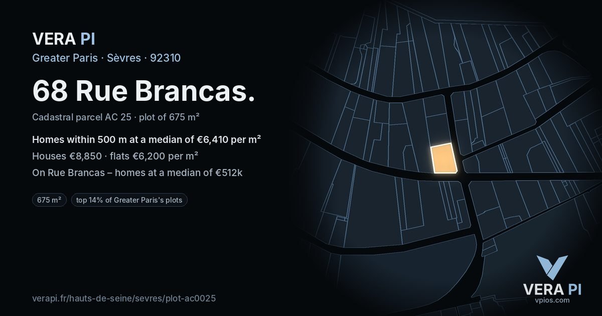 68 Rue Brancas, Sèvres at night – the plot lit, the parcels around coloured by the prices near them