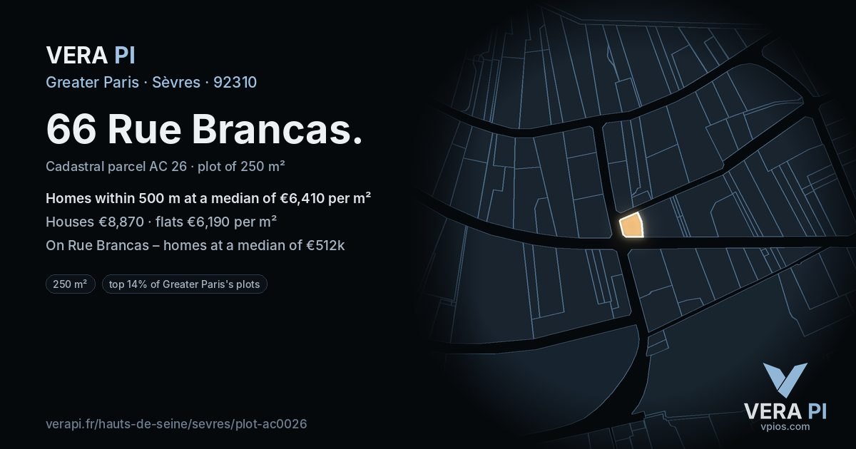 66 Rue Brancas, Sèvres at night – the plot lit, the parcels around coloured by the prices near them