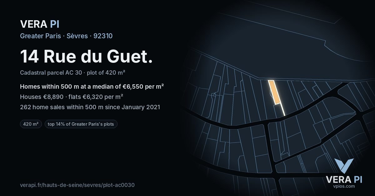 14 Rue du Guet, Sèvres at night – the plot lit, the parcels around coloured by the prices near them