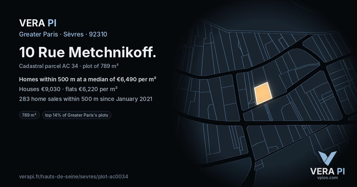 10 Rue Metchnikoff, Sèvres at night – the plot lit, the parcels around coloured by the prices near them