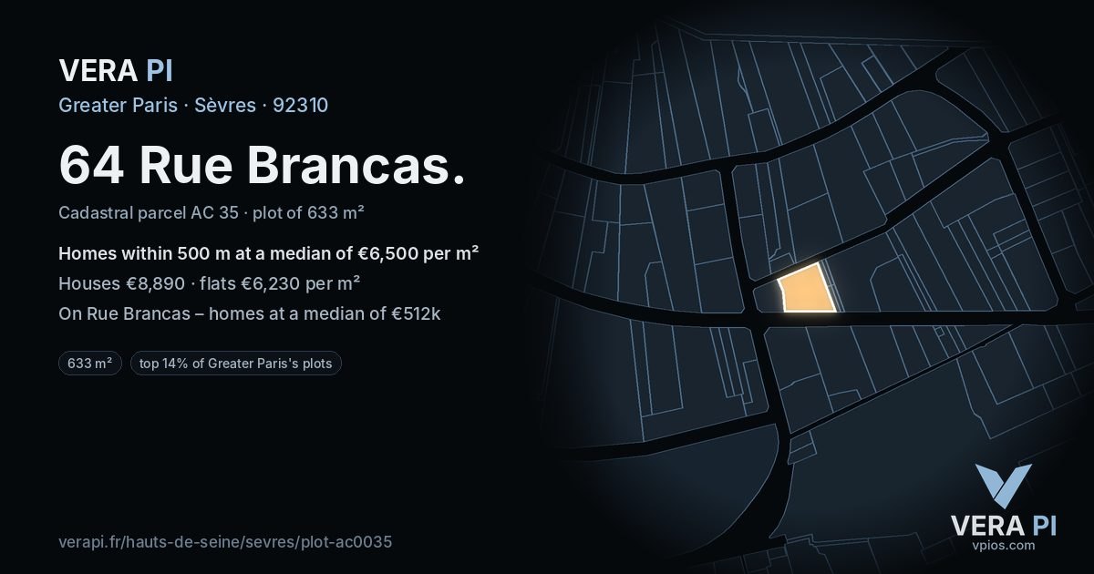 64 Rue Brancas, Sèvres at night – the plot lit, the parcels around coloured by the prices near them