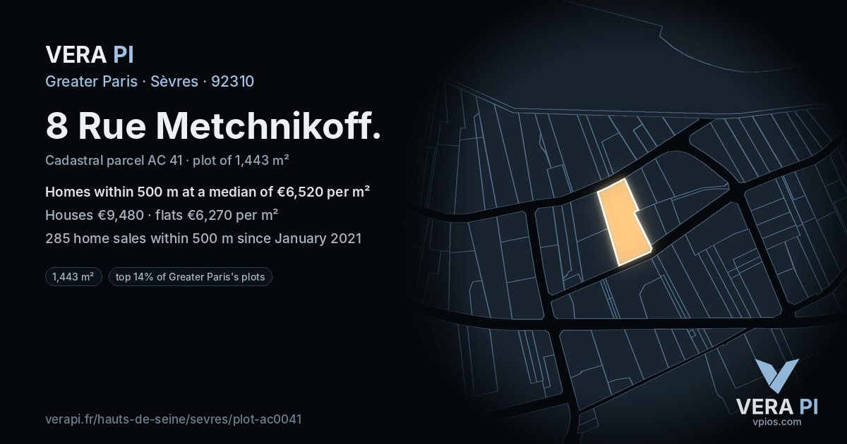 8 Rue Metchnikoff, Sèvres at night – the plot lit, the parcels around coloured by the prices near them
