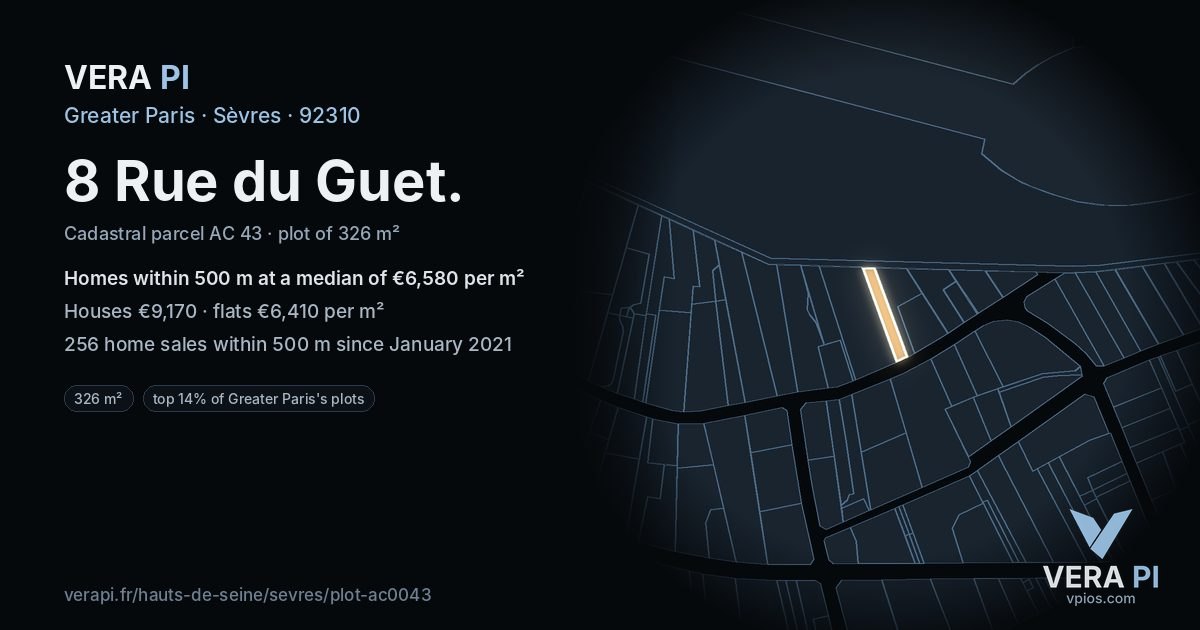8 Rue du Guet, Sèvres at night – the plot lit, the parcels around coloured by the prices near them