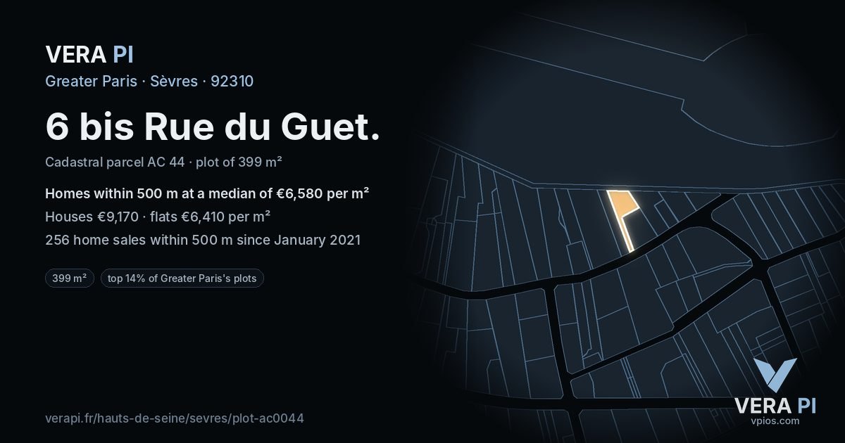 6 bis Rue du Guet, Sèvres at night – the plot lit, the parcels around coloured by the prices near them