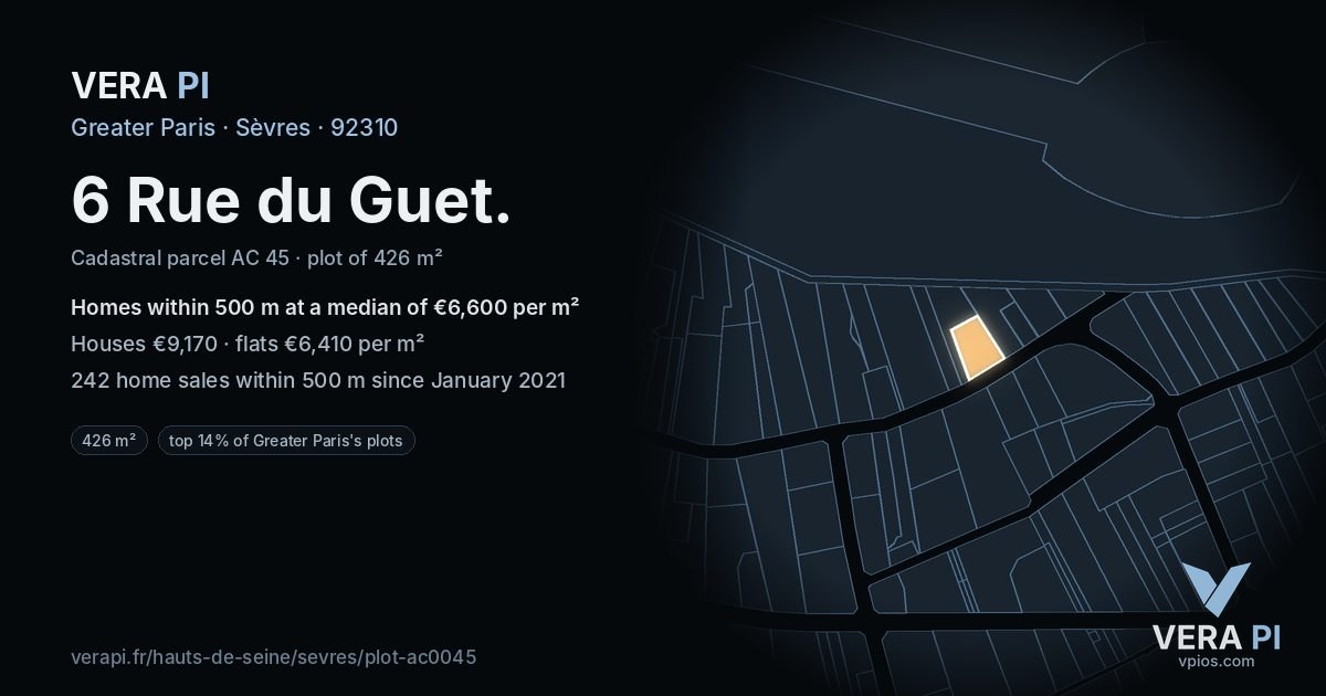 6 Rue du Guet, Sèvres at night – the plot lit, the parcels around coloured by the prices near them