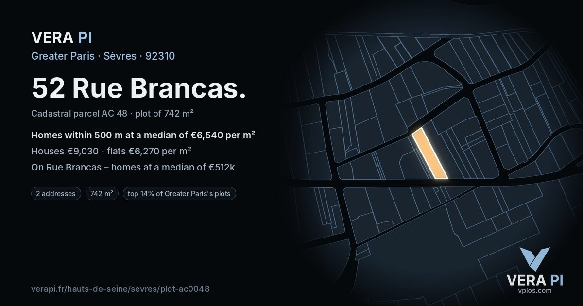 52 Rue Brancas, Sèvres at night – the plot lit, the parcels around coloured by the prices near them
