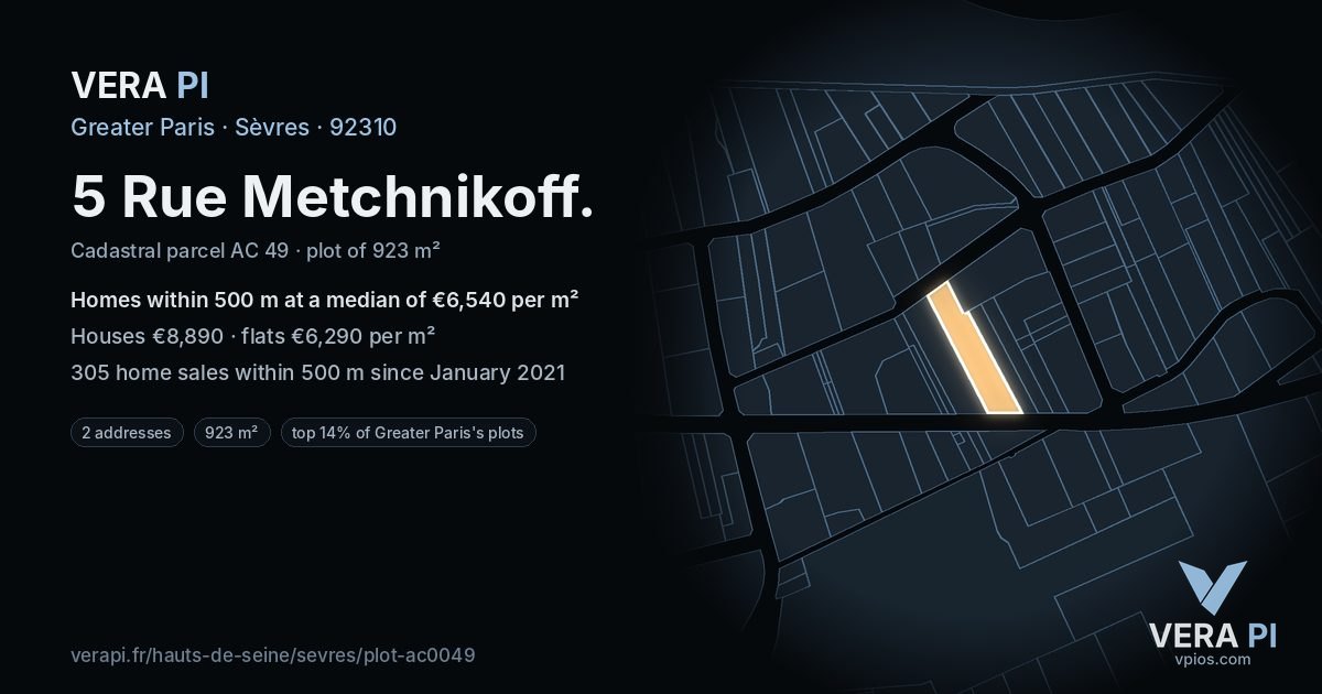 5 Rue Metchnikoff, Sèvres at night – the plot lit, the parcels around coloured by the prices near them