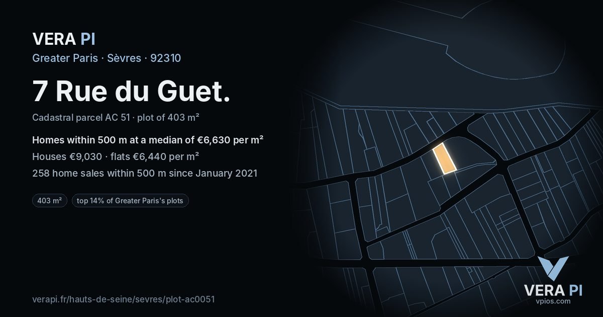 7 Rue du Guet, Sèvres at night – the plot lit, the parcels around coloured by the prices near them