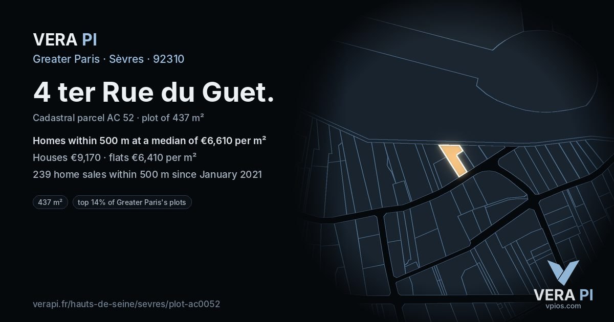 4 ter Rue du Guet, Sèvres at night – the plot lit, the parcels around coloured by the prices near them