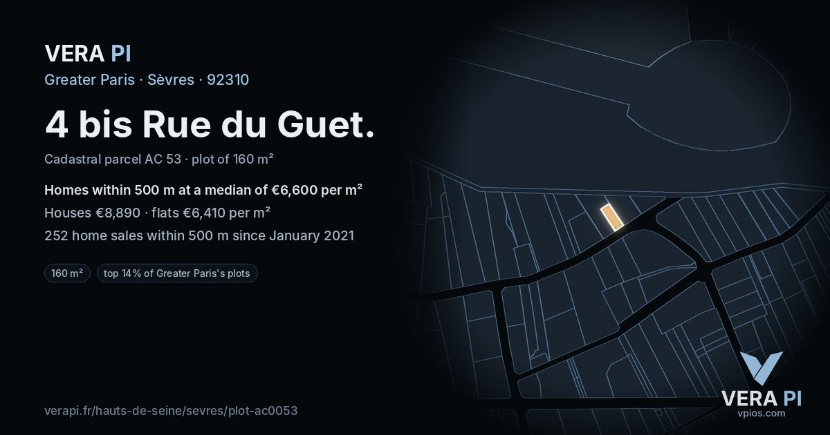 4 bis Rue du Guet, Sèvres at night – the plot lit, the parcels around coloured by the prices near them