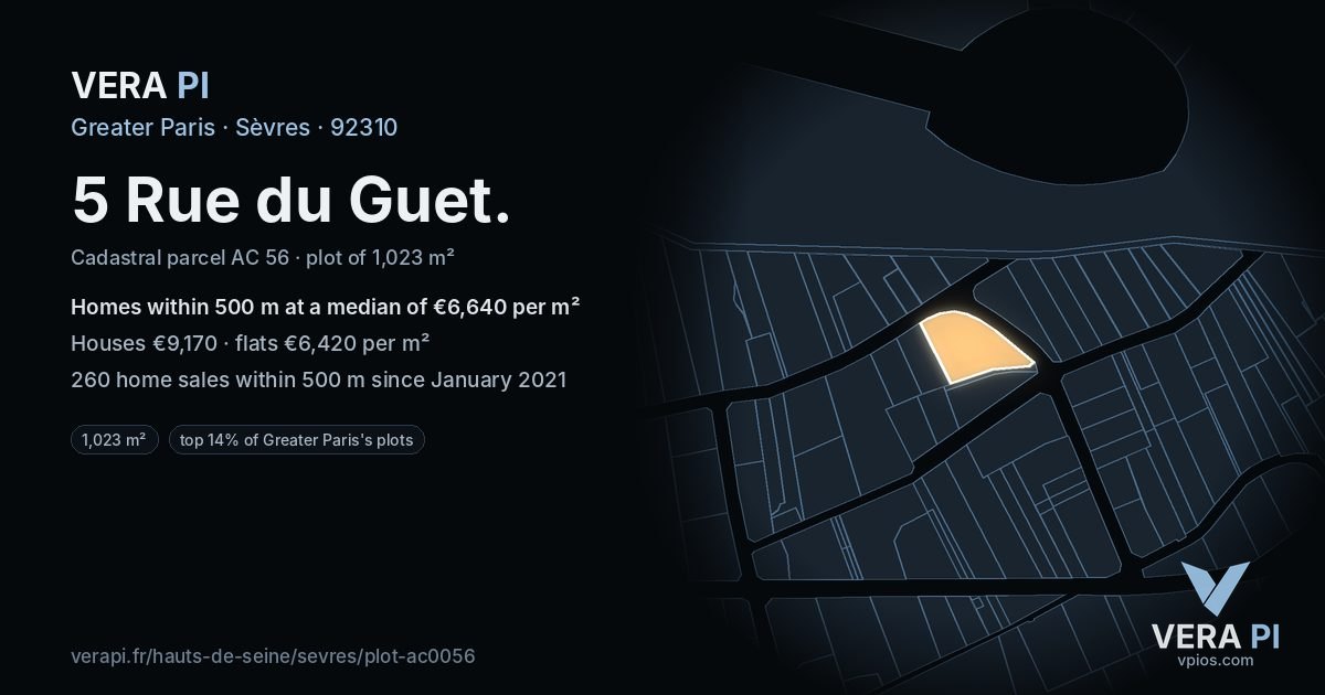 5 Rue du Guet, Sèvres at night – the plot lit, the parcels around coloured by the prices near them