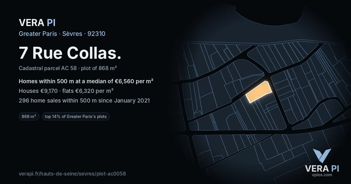 7 Rue Collas, Sèvres at night – the plot lit, the parcels around coloured by the prices near them