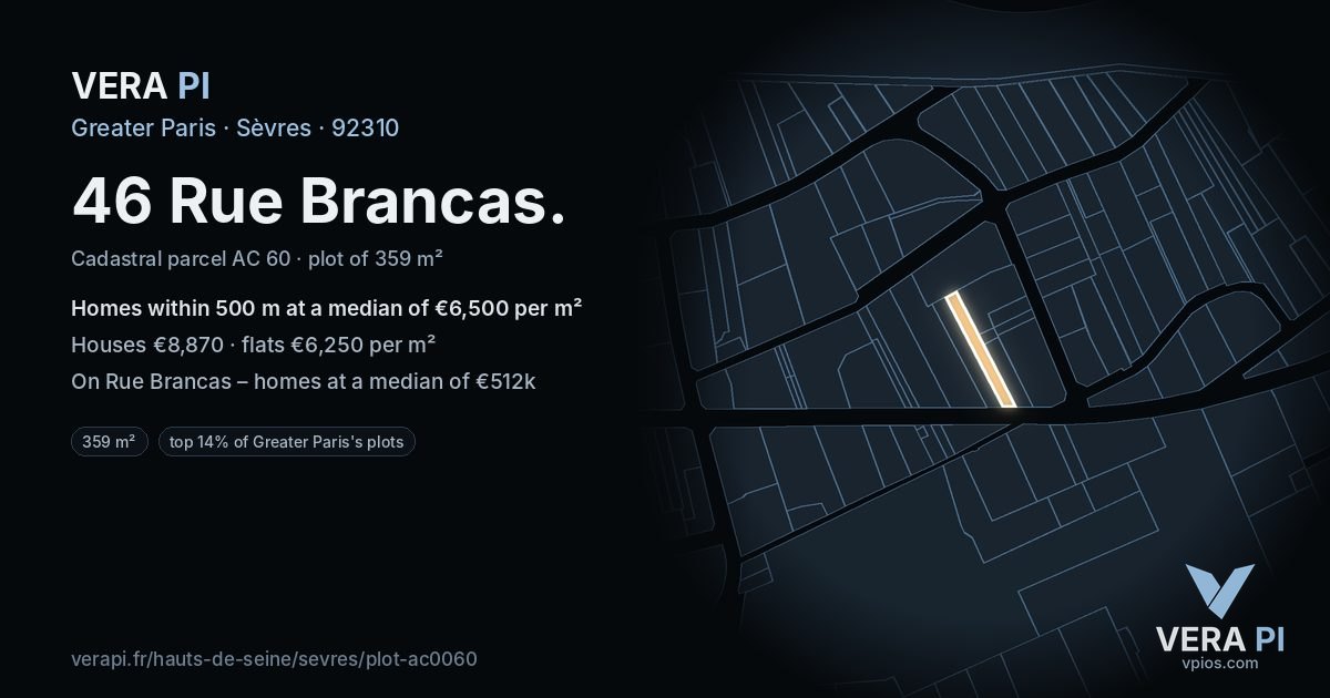 46 Rue Brancas, Sèvres at night – the plot lit, the parcels around coloured by the prices near them