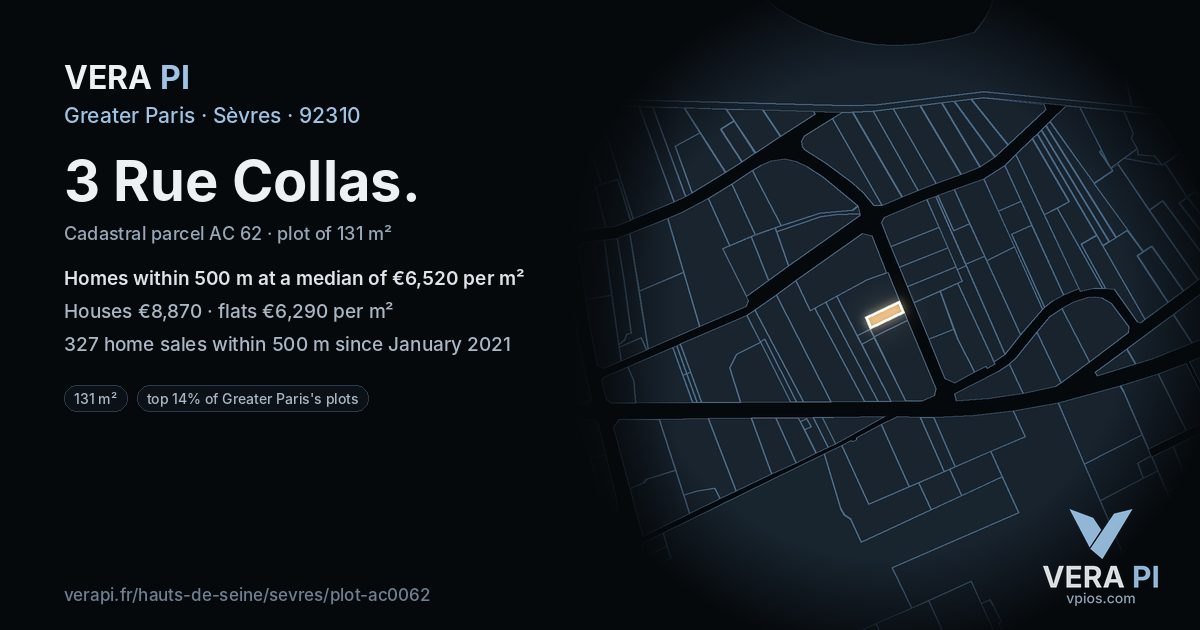 3 Rue Collas, Sèvres at night – the plot lit, the parcels around coloured by the prices near them