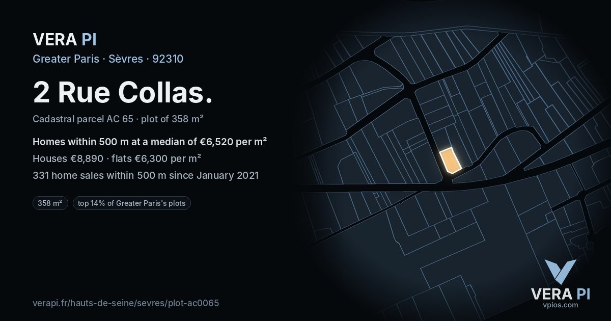 2 Rue Collas, Sèvres at night – the plot lit, the parcels around coloured by the prices near them